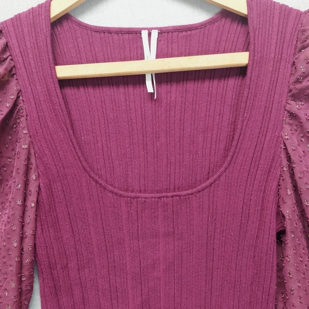 Anthropologie Burgandy Rib Knit Top S Puff Sleeve Coquette Semi Sheer Romantic‎